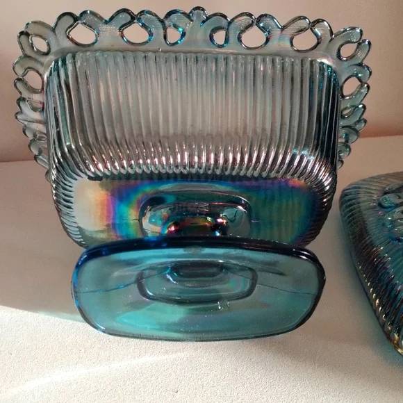Carnival Indiana Iridescent Blue Glass Candy Dish with Lid - Picture 7 of 12